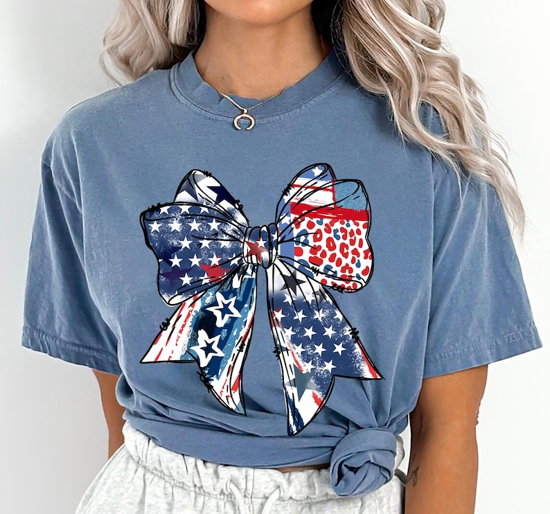 Patriotic bow shirt design with red white and blue colors stars and stripes perfect for 4th of July womens Independence Day summer outfit