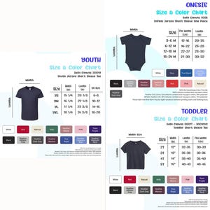 May include: Size chart for Bella Canvas youth, toddler, and onesie short sleeve t-shirts. The chart shows sizes, width, length, and US sizes in inches. Color options include white, red, natural, kelly, heather gray, heather athletic gray, heather dark gray, heather maroon, true royal, pink, team purple, and midnight navy.