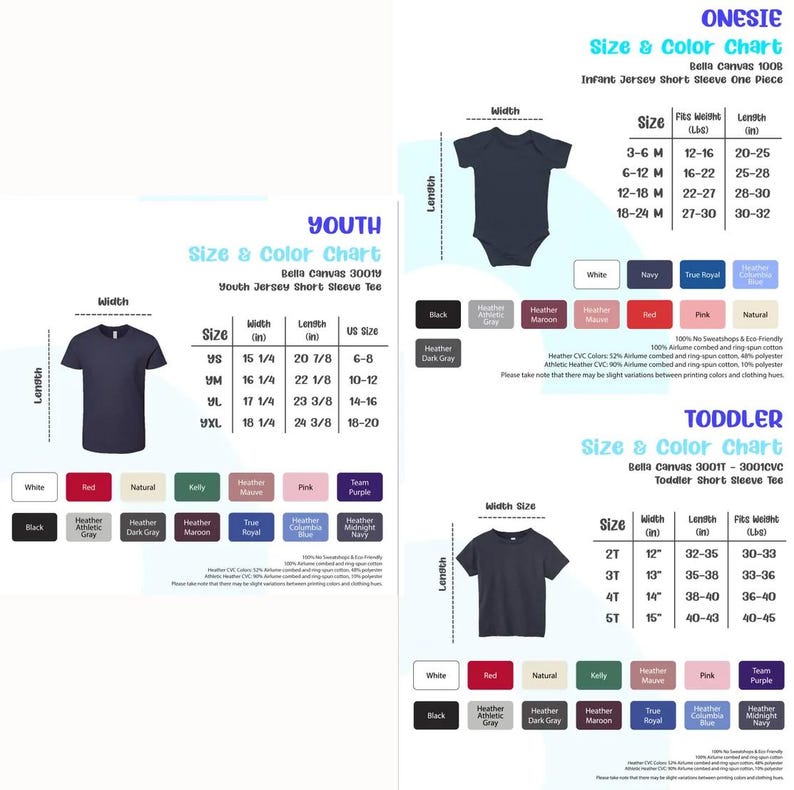 May include: Size chart for Bella Canvas youth, toddler, and onesie short sleeve t-shirts. The chart shows sizes, width, length, and UK sizes in inches. Colour options include white, red, natural, kelly, heather grey, heather athletic grey, heather dark grey, heather maroon, true royal, pink, team purple, and midnight navy.