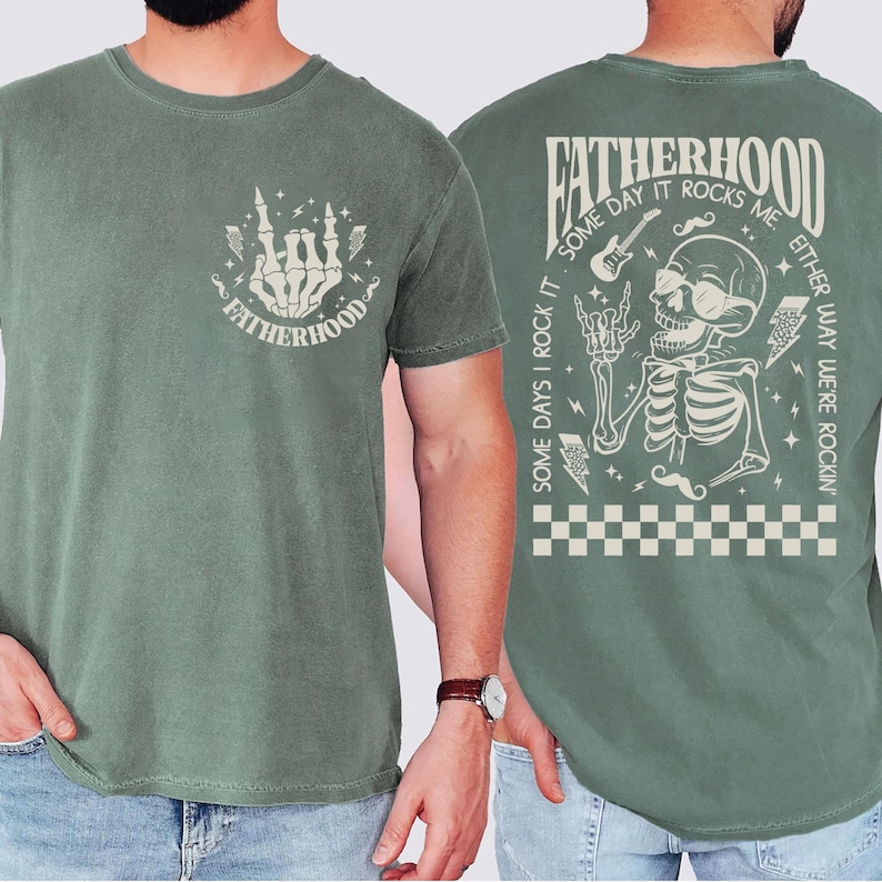 Funny Fatherhood shirt featuring rock and roll skeleton hand with sunglasses and lightning bolts, bold graphic tee for dads who love music, cool retro Father's Day shirt for first-time dad or new dad, punk dad gift t-shirt with skeleton design, Father's Day gift for husband from kids, edgy and fun dad shirt with vintage rock band vibe, fatherhood rocks themed tee for dad’s birthday or family photos