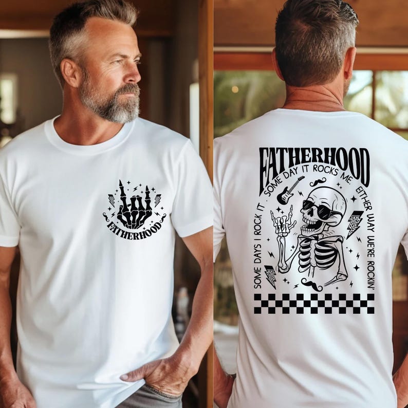 Funny Fatherhood shirt featuring rock and roll skeleton hand with sunglasses and lightning bolts, bold graphic tee for dads who love music, cool retro Father's Day shirt for first-time dad or new dad, punk dad gift t-shirt with skeleton design, Father's Day gift for husband from kids, edgy and fun dad shirt with vintage rock band vibe, fatherhood rocks themed tee for dad’s birthday or family photos