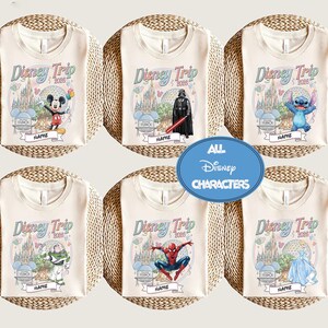 Custom Disney trip 2026 shirt design featuring all popular Disney characters including Mickey Minnie princesses Pixar and Star Wars styles with castle EPCOT background and personalized name perfect for family matching Disney World vacation tees