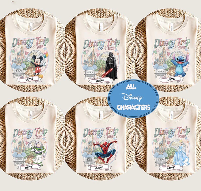 Custom Disney trip 2026 shirt design featuring all popular Disney characters including Mickey Minnie princesses Pixar and Star Wars styles with castle EPCOT background and personalized name perfect for family matching Disney World vacation tees