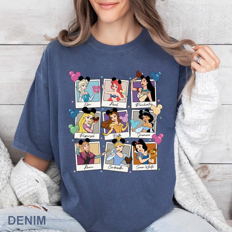 Cute Disney Princess shirt featuring Ariel, Pocahontas, Elsa, Belle, Jasmine, and more, perfect gift for women and girls who love Disney.
