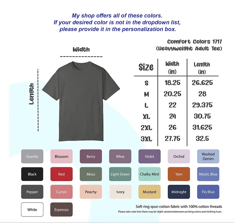 May include: A chart showing the size and measurements in inches of a heavyweight adult t-shirt. The chart includes sizes S, M, L, XL, 2XL, and 3XL. The chart also includes a colour chart with 16 different colours.