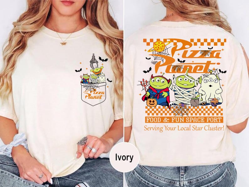 Toy Story Pizza Planet Halloween shirt front design with three green aliens dressed as devil mummy and ghost holding candy, featuring vintage Disney Halloween style for Not So Scary Party or Disneyland trip. Pizza Planet Halloween claw machine pocket design on the back of shirt with Toy Story aliens in costumes and spooky spiderweb, perfect for Disney family matching Halloween outfit and Mickey’s Not So Scary event.