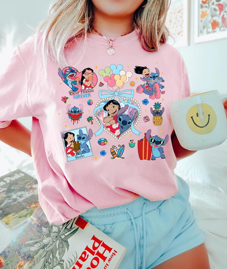 Colorful Lilo and Stitch best friends shirt featuring tropical icons heart frames surfboards balloons and cute moments perfect for Disney trips or summer bestie shirts