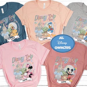 Custom Disney trip 2026 shirt design featuring all popular Disney characters including Mickey Minnie princesses Pixar and Star Wars styles with castle EPCOT background and personalized name perfect for family matching Disney World vacation tees