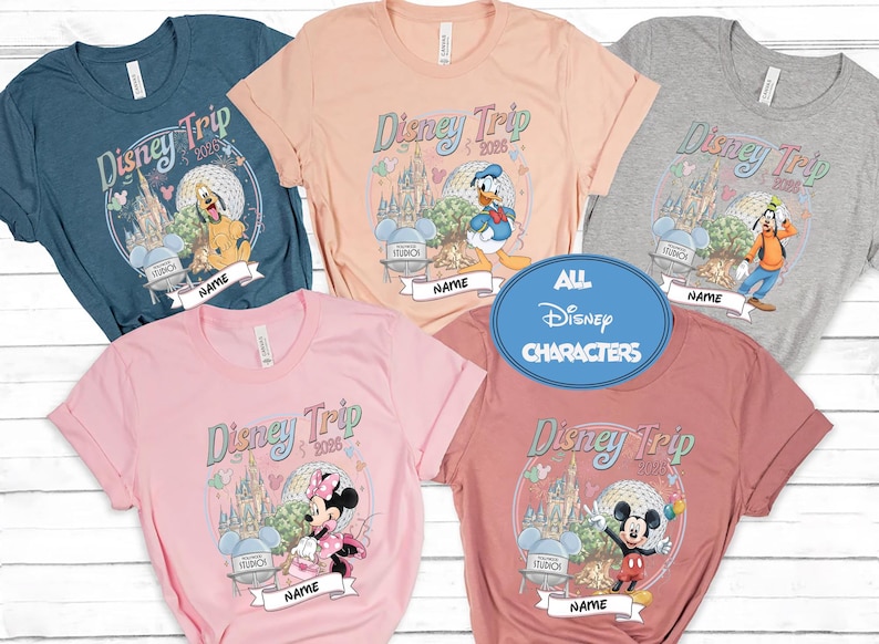 Custom Disney trip 2026 shirt design featuring all popular Disney characters including Mickey Minnie princesses Pixar and Star Wars styles with castle EPCOT background and personalized name perfect for family matching Disney World vacation tees