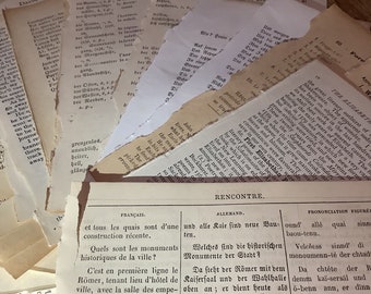 Lot von 36 Vintage-Seiten alter Bücher, verschiedene Sprachen, antike kreative Kunst, Zeitschriftenkunst / Scrapbooking / Bündel / Briefpapier-Set, Papier