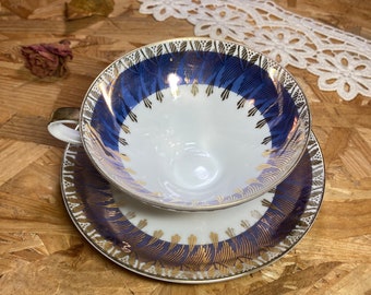 Tasse ancienne Bavaria, bleu et or, art de la table vintage, ancien modèle, service 2 pièces, tasse à thé