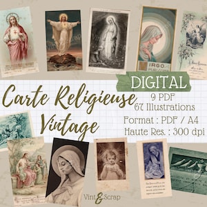 Könnte beinhalten: Eine Sammlung von Vintage-Illustrationen mit religiösen Motiven, darunter Bilder von Jesus, Maria und anderen religiösen Figuren. Die Bilder sind in verschiedenen Stilen und Farben gehalten und tragen den Text "Carte Religieuse Vintage" und "DIGITAL".