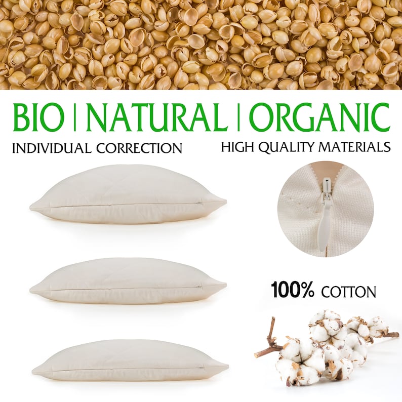 Millet Husk Eco Bio Pillow, Organic Cotton Pillowcases, Natural Ergonomic Breathable Comfort Sleeping Bed Pillow image 4