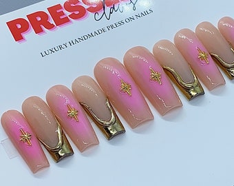 Pink Aura Nails / Gold Chrome Nails / Press On Nails