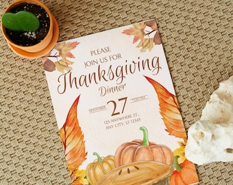 Watercolor Thanksgiving Dinner Invitation: Autumn Leaves, Pumpkins (Digital Download)