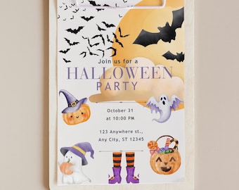 Halloween Party Invitation Template, Editable Halloween Invite, Printable Spooky Party Card, Cute Bats Pumpkin Ghost Design