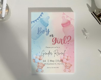 Gender Reveal Invitation Template, Editable Boy or Girl Invite, Printable Baby Shower Invitation, Pink Blue Baby Part