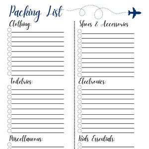 Vacation Travel Packing List PDF Download Digital