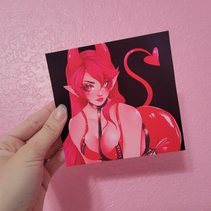 May include: A red and black illustration of a female character with horns, a tail, and a heart-shaped tail tip. She is wearing a red and black outfit with a black choker.