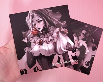 May include: Two black and white illustrations of women with dark hair and red accents. The woman on the left is wearing a white dress with a red collar and a red ribbon. The woman on the right is wearing a black dress with a white collar. The text "@shimmeringwillow" is in the bottom right corner of the image.