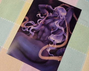 May include: A digital illustration of a person with long, flowing purple hair and a dark blue body. The person is adorned with gold jewelry and is surrounded by swirling, golden light.