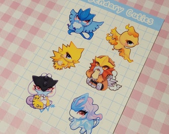 May include: A sheet of stickers featuring cartoon versions of legendary Pokemon. The stickers are on a blue and white grid background. The Pokemon featured are Articuno, Moltres, Zapdos, Entei, Raikou, and Suicune.