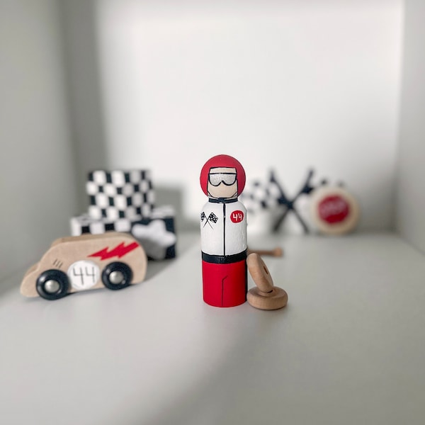 Montessori Wood Race Car Sensory Pegdoll Bin