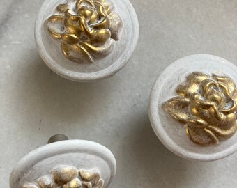 Hand Painted Rose Cabinet Knob: White & Gold Floral Hardware
