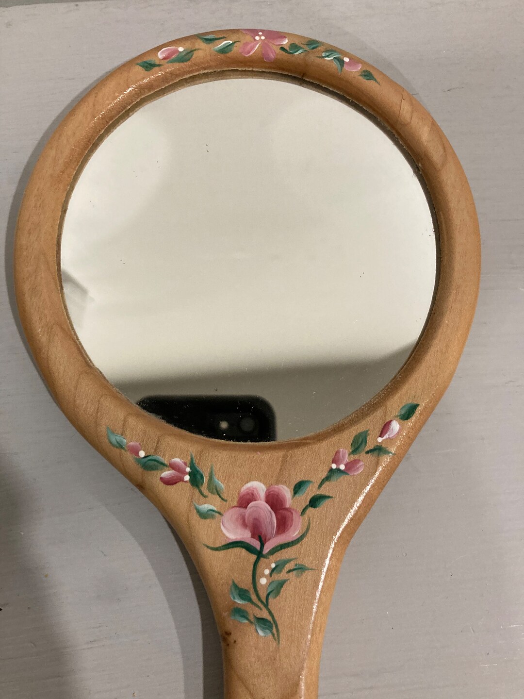 Vintage Hand Held Mirror Wood Hand Held Mirror Vintage Face Mirror Hand Painted Hand Held Mirror
