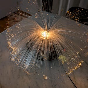 May include: A fibre optic lamp featuring a black circular base and a spray of thin, translucent filaments that radiate outwards. The centre of the lamp emits a warm, golden light that illuminates the tips of the delicate, hair-like strands.