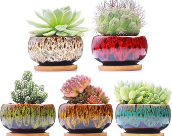 Round Succulent Glazed Ceramic Indoor Planter Plant Pots -  Pot for Home Balcony Windowsill Dinning Table Desk table