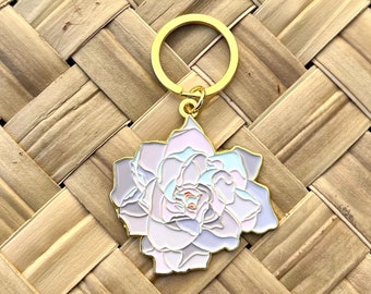 Pink Gardenia Flower, Soft Enamel Gold Metal Keychain, 2x2&quot;