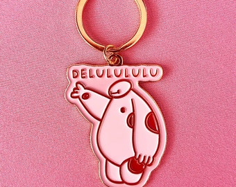 Delulululu Pink Baymax, Soft Enamel Gold Metal Keychain, 2x1.5&quot;