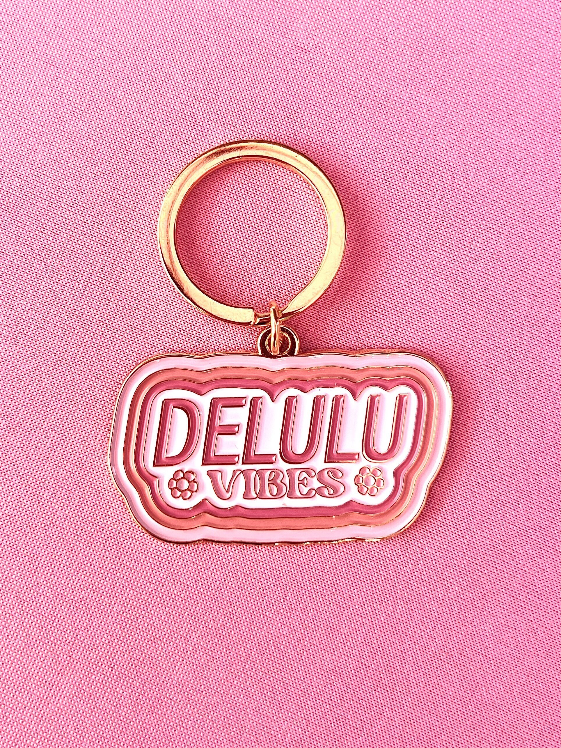 Delulu Vibes, Soft Enamel Gold Metal Keychain, 2x1.125"