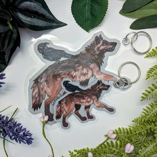 Wolf & Raven Keychain Handmade Laminated Keyring / Charm | Stylized Wildlife Art