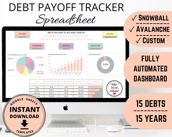 May include: A computer monitor displaying a debt payoff tracker spreadsheet. The spreadsheet includes charts, graphs, and data fields for tracking debt, with the text "DEBT PAYOFF TRACKER Spreadsheet" at the top. Features include "Snowball", "Avalanche", and "Custom" debt payoff methods.