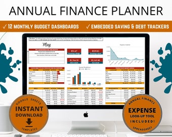 Può includere: Uno schermo di computer che mostra un pianificatore finanziario annuale. Lo schermo mostra dashboard di budget, tracker di risparmio e debito e il testo "GOOGLE SHEETS INSTANT DOWNLOAD TEMPLATES." Il testo "ANNUAL FINANCE PLANNER" è in alto.
