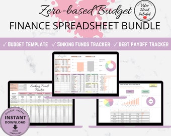 May include: A digital finance spreadsheet bundle with the text "Zero-based Budget FINANCE SPREADSHEET BUNDLE". Includes budget, sinking funds, and debt payoff trackers. The image shows three laptops displaying spreadsheet templates.