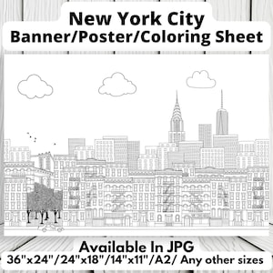 New York City Coloring Sheet Printable For Adults & Kids|Hand Drawn Illustration Black / White|Poster/ Banner Coloring Page|Instant Download
