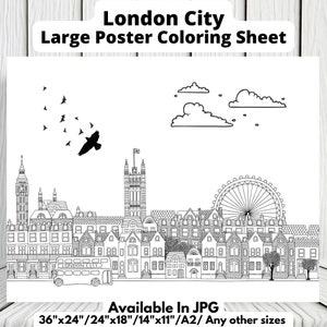 Folha para colorir da cidade de Londres para impressão para adultos e crianças | Ilustração desenhada à mão pôster preto / branco | Página para colorir como banner | Download instantâneo