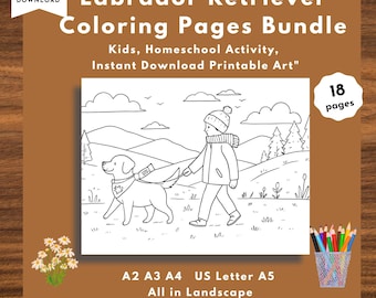 May include: A printable Labrador Retriever coloring pages bundle. The image shows a black and white illustration of a person walking a dog in a landscape. Text includes "Labrador Retriever Coloring Pages Bundle" and "Kids, Homeschool Activity, Instant Download Printable Art".