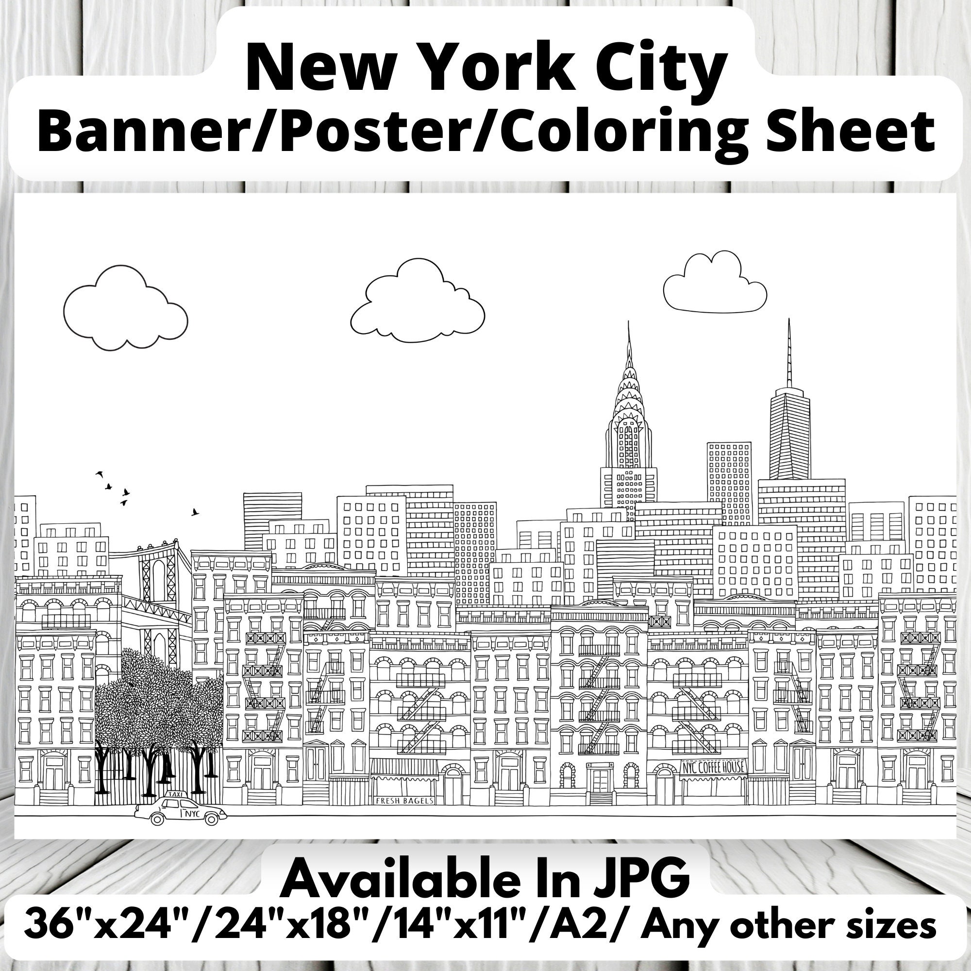 new york city coloring sheet printable for adults kidshand etsy