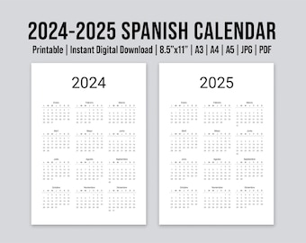 May include: Printable 2024-2025 Spanish calendar in black and white. The calendar is divided into two columns, one for each year. Each month is displayed in a separate box with the month name in Spanish.