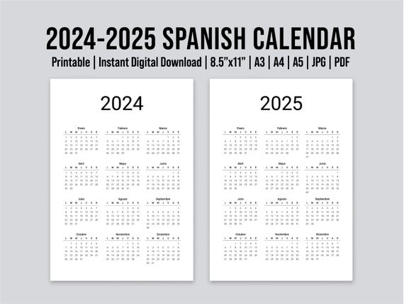 Printable 2024-2025 Spanish Yearly Calendar | Calendario Español | Digital Calendar | Single-Page Calendar | Minimalist Style.