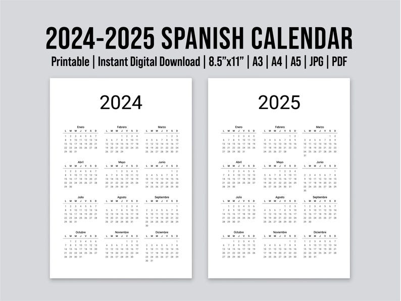 May include: Printable 2024-2025 Spanish calendar in black and white. The calendar is divided into two columns, one for each year. Each month is displayed in a separate box with the month name in Spanish.