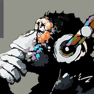Macaco com fone de ouvido ouvindo música. Ilustração de arte digital. Download instantâneo. JPG, EPS, PNG e pdf.