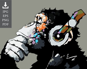 Monkey with Headset Listening to Music. Digital Art Illustration. Instant Download. JPG, EPS, PNG, and pdf.