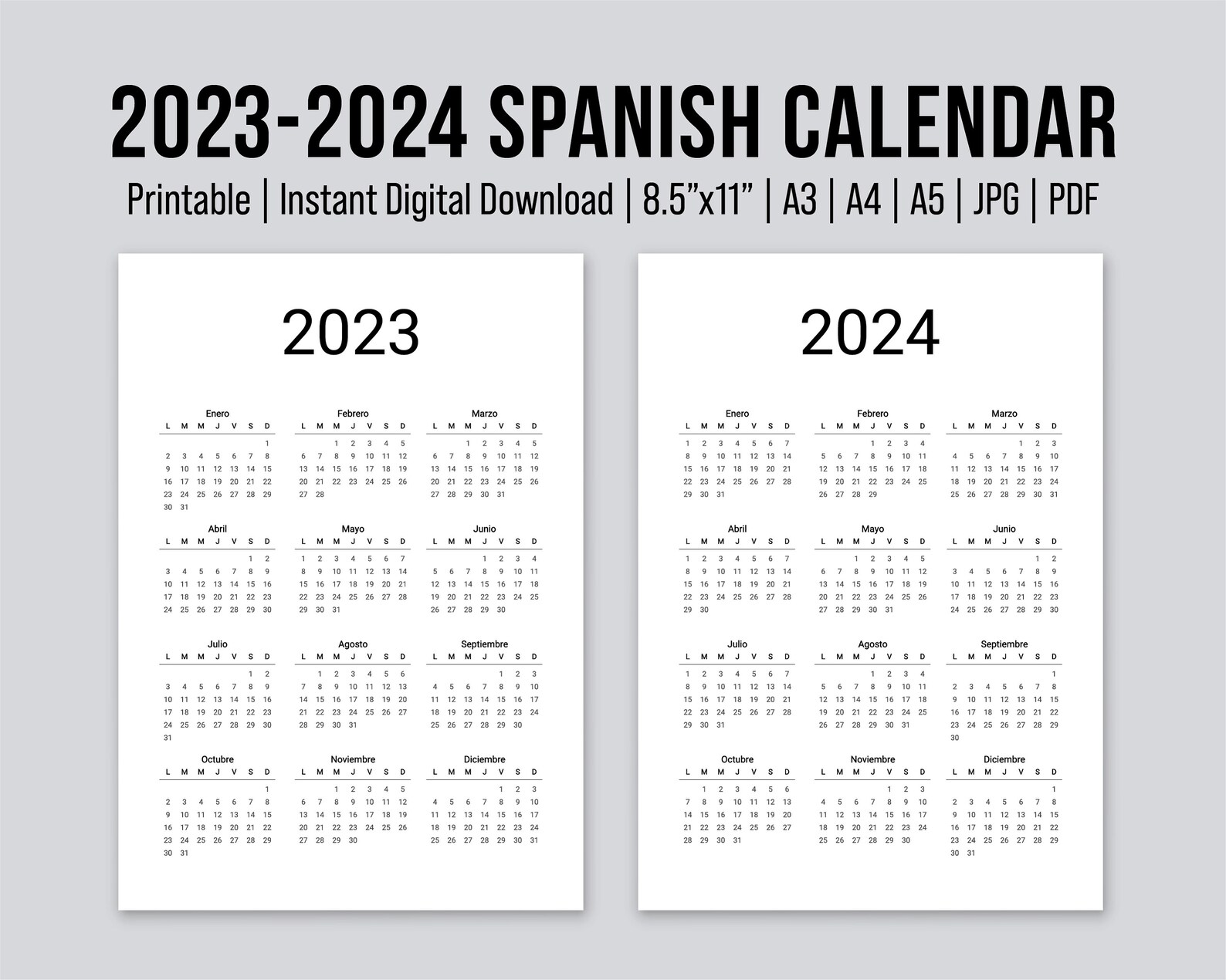 Imprimable 2023-2024 Calendrier annuel espagnol Calendario - Etsy France