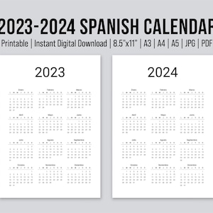 Calendrier annuel espagnol 2023-2024 imprimable Calendario Español Calendrier numérique Calendrier d'une page Style minimaliste. image 1