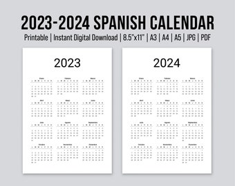 Calendario anual español 2023-2024 imprimible / Calendario Español / Calendario digital / Calendario de una sola página / Estilo minimalista.